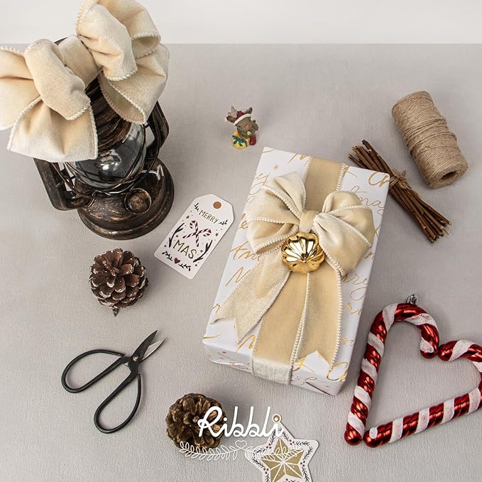 Ribbli Ivory Velvet Wired Ribbon 2.5 Inch Velvet with Satin Christmas Ribbon for Gift Wrapping Christmas Tree Decoration Crafts Wreaths Supplies-Continuous 10 Yards
