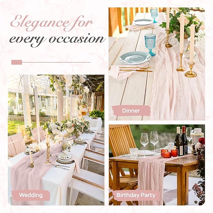 Cheesecloth Table Runner 3 Pack – 35x120 Inch (10ft) Boho Rustic Gauze Cloth Runners – Crinkle Polyester Table Decor for Wedding, Baby Shower, Bridal Shower, Birthday Party and More (Dusty Pink)