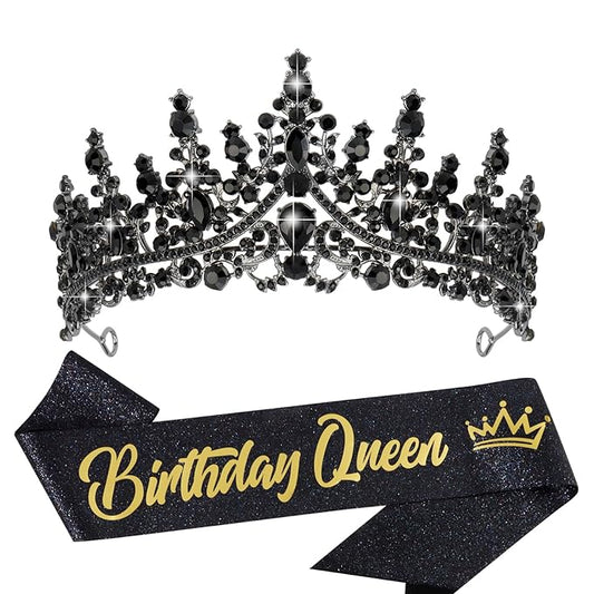 VELSCRUN Birthday Queen Tiara Crowns for Women Girls Black Crystal Birthday Queen Headband Sash Elegant Princess Crown Happy Birth Party Decorations Mom Sisters Birth Gift Hair Accessories
