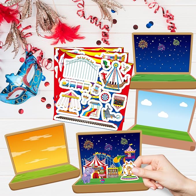 CY2SIDE Carnival Sticker Scene Kits- 12PCS Holiday Circus Theme Scene Art Craft for Kids Make Your Own Circus Sticker with Elephant Clowns DIY Carnival Party Games Class Fun Activities
