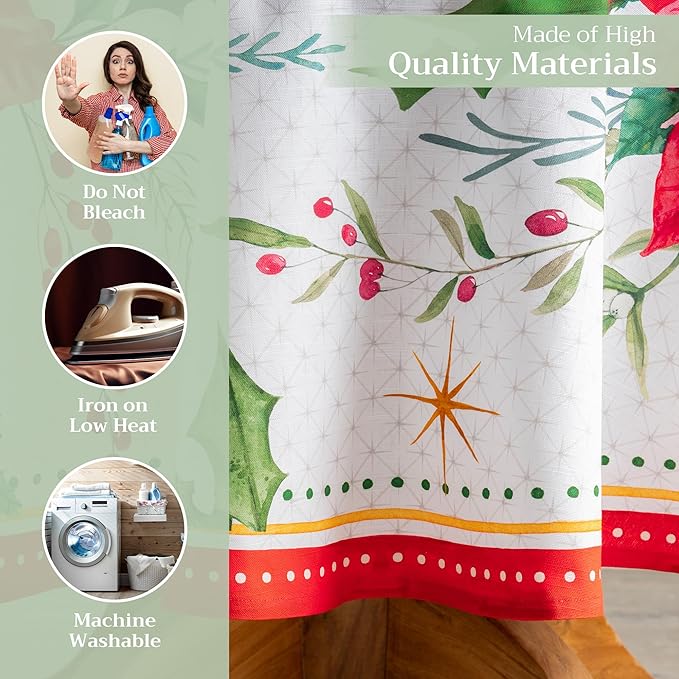 Maison d' Hermine Table Cloth Round Table 100% Cotton 63 Inches Fall Tablecloth Reusable Everyday Use for Thanksgiving Christmas Decorations Dining Farmhouse Party (Poinsettia Christmas)