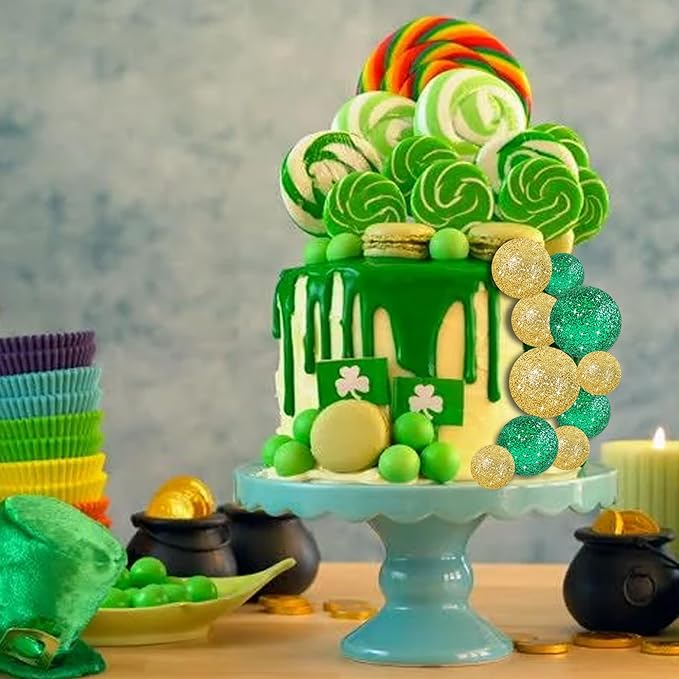 BEISHIDA 40 Pcs Ball Cake Toppers Mini Balls Cake Decorations Green Gold Foam Balls Sticks DIY Cake Topper for Baking Congrats Grade 2025 Graduation Birthday St Patrick's Day Decorations (Green Gold)
