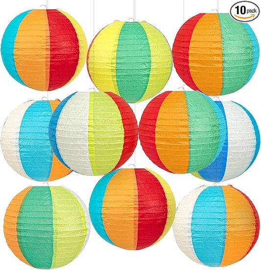 10Pcs 8" Pool Party Decorations Summer Decorations Beach Themed Decor Hanging Colored Paper Lanterns for Classroom Luau Birthday Home Room Office (8inch)
