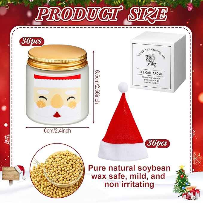 72 Pack Christmas Scented Candles Jar Set Include 36 Pcs 7oz Aromatherapy Soy Wax Candles and 36 Pcs Mini Xmas Santa Hat Holiday Table Centerpieces Gifts for Women Men Relaxing Spa