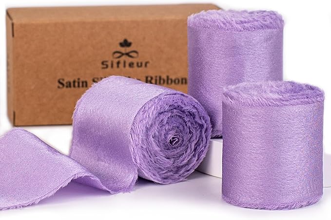 Satin Silk Ribbon, Purple Ribbon for Wrapping, 1-1/2 inch x 15 Yd Handmade Frayed Fringe Ribbons, for Wedding Engagement Birthday Showers Crafts Flower Bouquets Invitation Decor, 3 Rolls