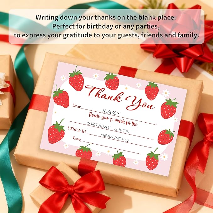 Kids Thank You Card, Strawberry Theme Thank You Notes, Watercolor Fruit Greeting Card With Envelope, Birthday Wedding Graduation Christmas Party Favors Supplies Decor(20 Pcs)-01