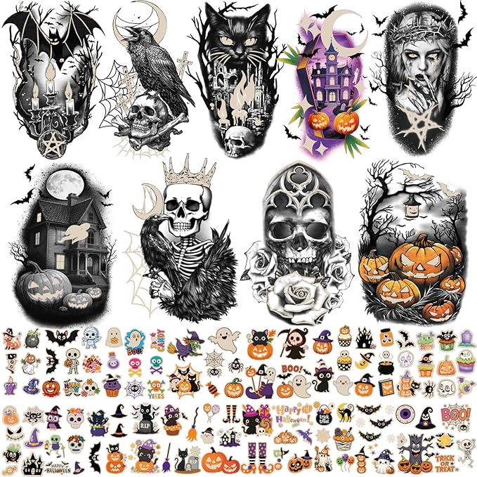 39 Sheets Halloween Glow Up Temporary Tattoos Women Men Adults, Skeleton Death Skull Pointed Black Hats Brooms Cauldrons Black Cats Half Arm Halloween Fake Tattoo, Scary Tattoos for Halloween Costume