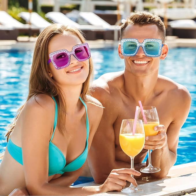 10/20 Pack Crystal Oversized Square Sunglasses Retro Diamond Glitter Sparkling Disco Glasses Party Favors