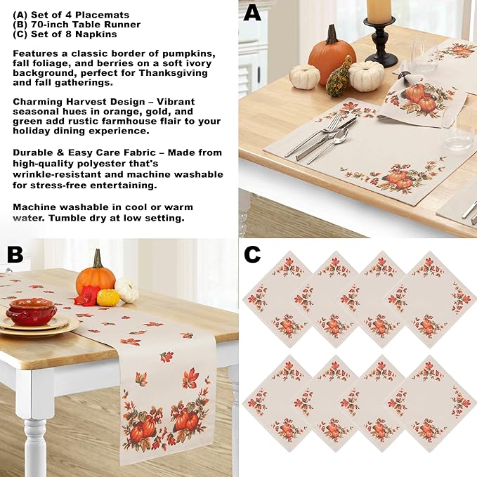Lintex Thanksgiving Traditions Autumn Harvest Fabric Placemats, Set of 4, Pumpkin Patch and Fall Leaves Border, Easy Care Thanksgiving Fabric Placemat Set
