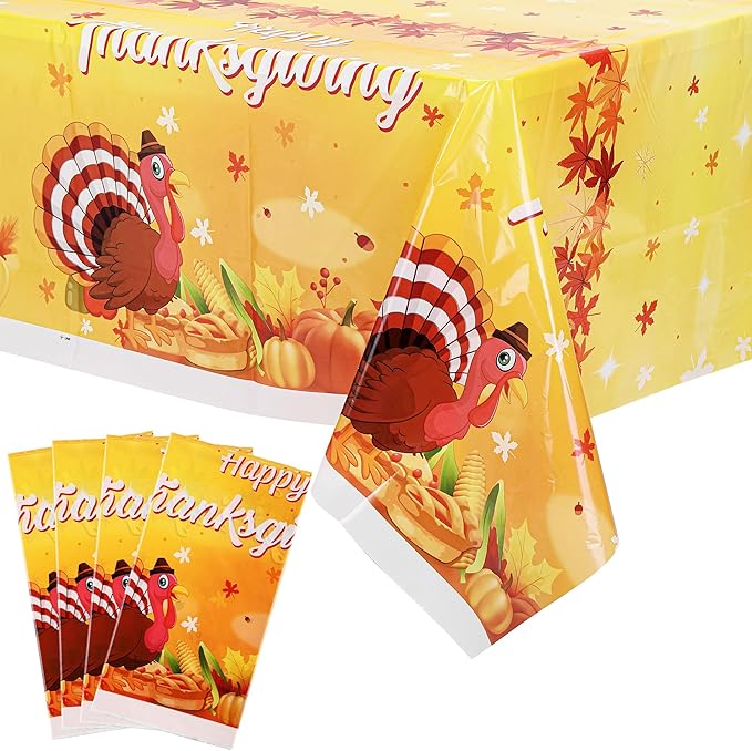 Mornajina 4 Packs 108 x 54 Inch Thanksgiving Fall Tablecloth - Plastic Autumn Maple Leave Pumpkin Table Cover for Party Decoration