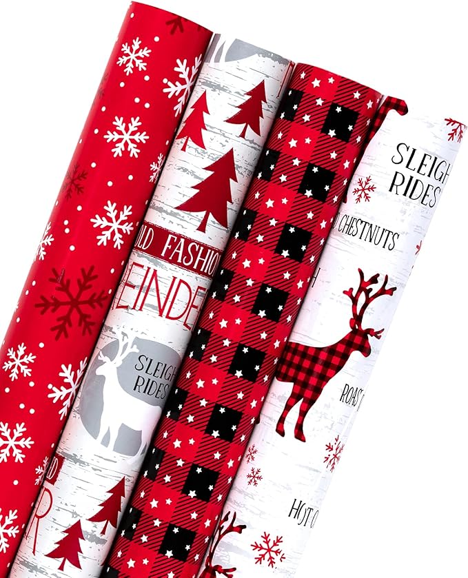WRAPAHOLIC 30 Inch Christmas Wrapping Paper Roll - Jumbo Roll Rustic Holiday Woodland Scenes - Snowflake, Plaid, Reindeer - 4 Rolls - 30 Inch x 120 Inch Per Roll