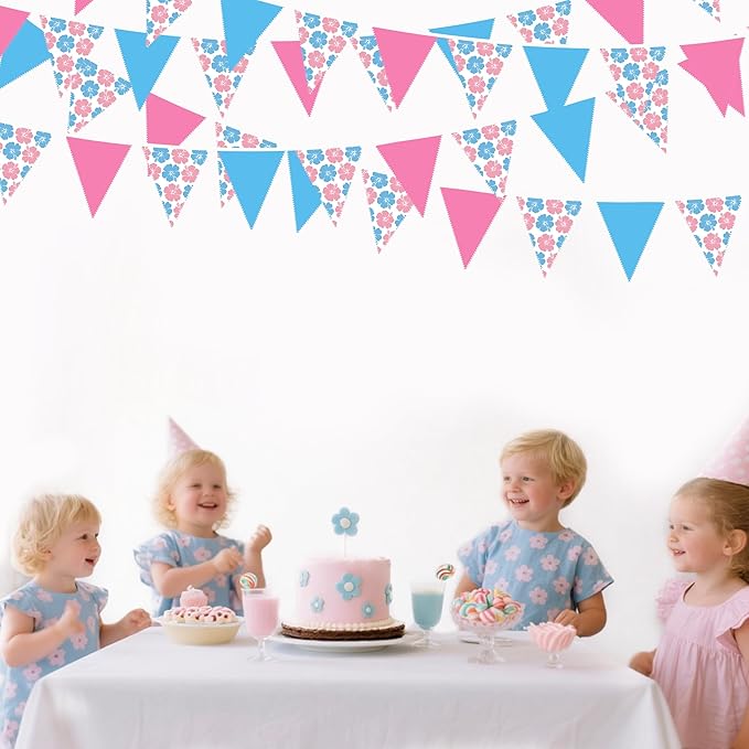 32Ft Cartoon Birthday Party Decorations Pink Blue Hawaiian Hibiscus Flower Triangle Flag Pennant Banner Fabric Garland Streamer for Luau Hawaii Tropical Ohana Baby Shower Gender Reveal Summer Decor