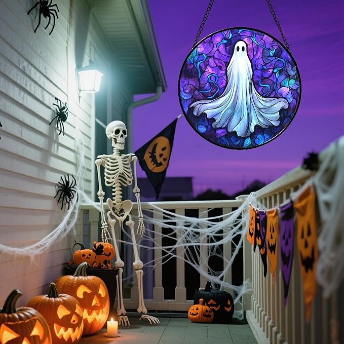 Stained Glass Window Hanging - Halloween Decoration Fantasy Ghost Suncatcher for Door Garden Spooky Blue Purple Sun Catchers Gothic Decor Horror Gifts for Women Men Friend Boy Girl 11.8 in