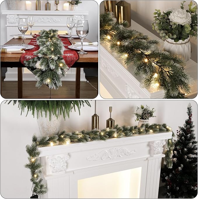 Pre Lit Snow Flocked Christmas Garland 5.9 ft Artificial Christmas Garland with Warm White LED Light and Timer Frosted Faux Pine Winter Garland for Home Indoor Outdoor Mantel Seasonal Decor