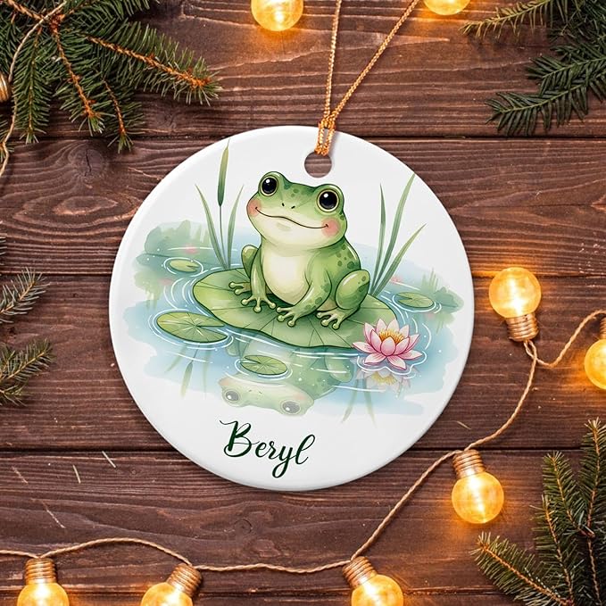 Funny Frog Christmas Holiday Ornament, Frog Ceramic Ornament with Personalized Name, Gift for Dad Mom Friends Coworkers Nature Lover, Frogs with Nature Keepsake Decor, Customized Animal Ornaments