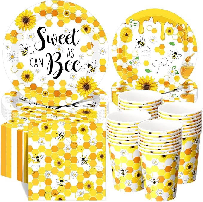 250 Pcs Bee Party Decoration Sweet as Can Bee Paper Plates Napkins and Cups Party Tableware Set for Honey Baby Shower Gender Reveal Birthday Decorations, Serves 50