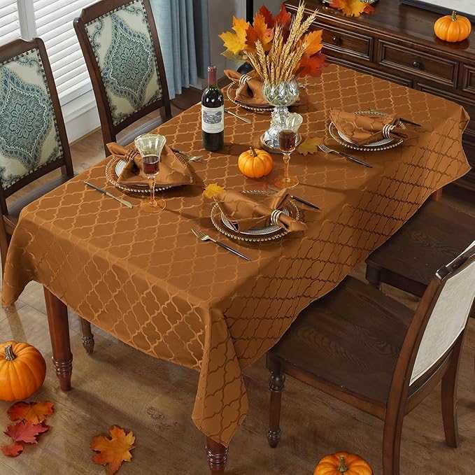 SASTYBALE Jacquard Thanksgiving Tablecloth Polyester Table Cloth Spill Proof Dust-Proof Wrinkle Resistant Table Cover for Fall, Autumn, Harvest Decor (Rectangle/Oblong, 60" x 84" (6-8 Seats), Brown)