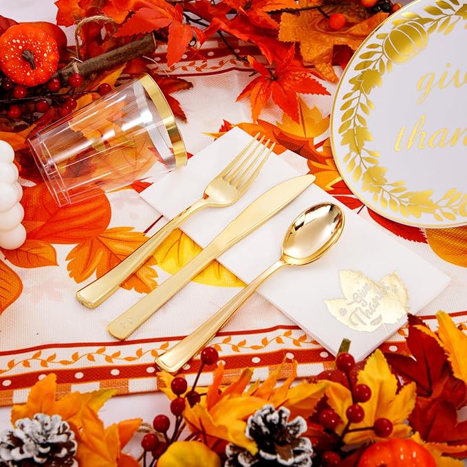 YOUBET 175PCS Thanksgiving Plastic Plates - Thanksgiving Gold Disposable Plates - Fall Plastic Plate Include 50 Plate, 25forks, 25Knives, 25Spoons, 25 Napkins, 25Cups for Fall Party