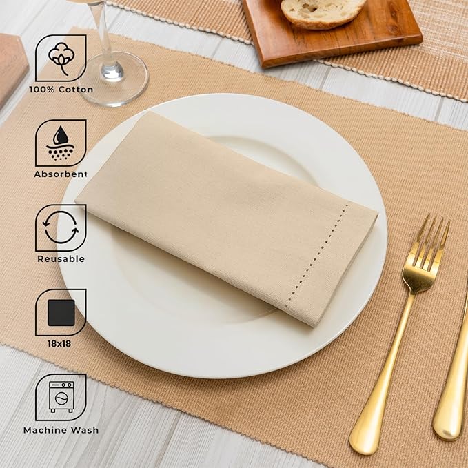 Blue Needles Set of 12 Hemstitch Linen Napkins 100% Cotton Beige Cloth Dinner Napkins 18x18 inches, Soft, Reusable, Absorbent, Washable, Ideal for Fall Thanksgiving Events, Parties & Everyday Use