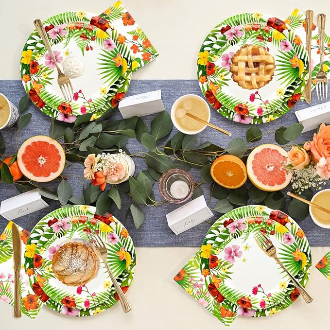 175Pcs Tropical Luau Party Supplies Aloha Hawaiian Paper Plates Set 9"& 7"Luau Plates Tropical Napkins Knives Forks Spoons Cups for Hawaiian Themed BBQs Summer Luau Birthday Party Decorations Serve25