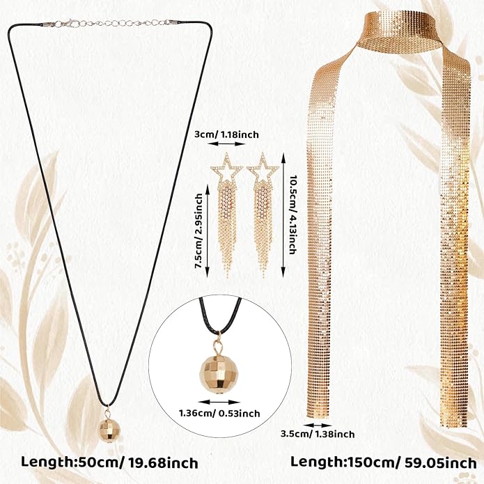 6 Pcs 70s Women Disco Accessories Sequin Scarf Headband Bracelet Necklace Earrings Sunglasses for Halloween Disco Costume