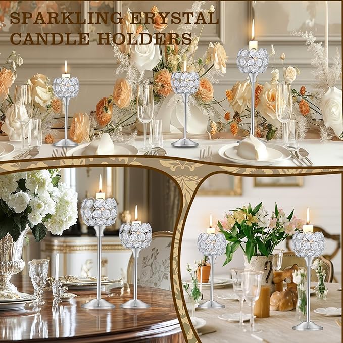 Crystal Candle Holders Set of 16 for Wedding Centerpieces Gold Or Silver Candle Holders Bulk Decorative Tealight Candle Holder for Wedding, Party,Table Centerpieces Decoration (Silver, 2 Sets(6 Pcs))