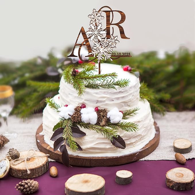 Customized Winter Wedding Cake Topper in Wood Personalized Bride & Groom's Initials and Wedding Date Cake Decoration with Snowflake