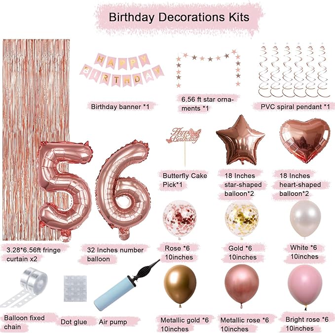 56th Birthday Decorations For Women, 56 Year Olds Happy Birthday Banners Party Decor Foil Fringe Curtains Heart Star Confetti Balloons, 56th Rose Gold Party Supplies for Girls Women Her