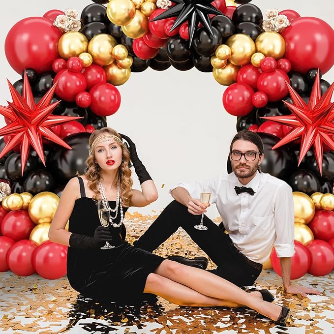 Red Black Balloon Arch Kit,Balloon Garland with Black Red Star Foil Balloons Metallic Gold Balloons for Birthday Baby Shower Wedding Engagement Anniversary Party Decorations