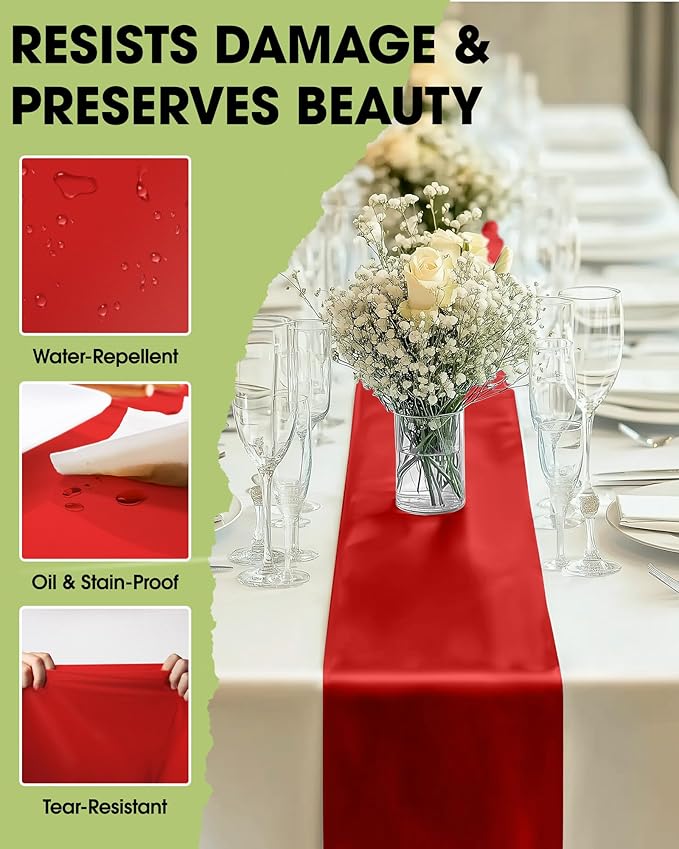 Pureegg Red Plastic Table Runners - 12 Pack, 14'' x 108'', Water Resistant & Disposable Centerpiece Decorations for Table Cloth, Wedding, Birthday, Holiday, Baby Shower, Party, Home Decor
