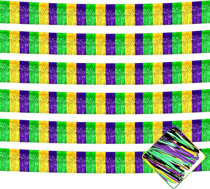 6 Pack 10 Feet Mardi Gras Foil Fringe Garland Metallic Tinsel Streamers Banner Wall Hanging Backdrop for Parade Floats, Birthday, Carnival Party Decorations(Gold Green Purple)