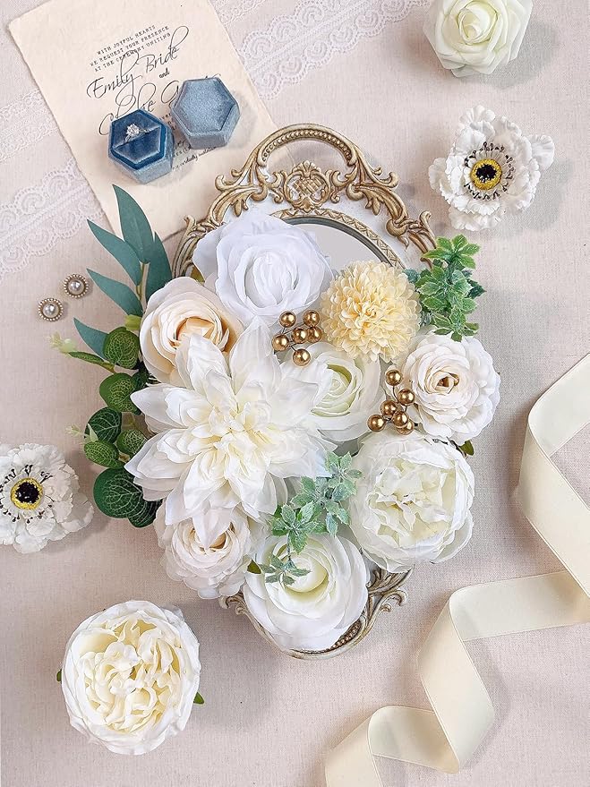 White Rose Artificial Flowers Fake Flower Bulk with Stems for DIY Wedding Bouquet Bridal Baby Shower Centerpiece Table Decorations Silk Faux Floral Arrangements for Party Home Decor Indoor