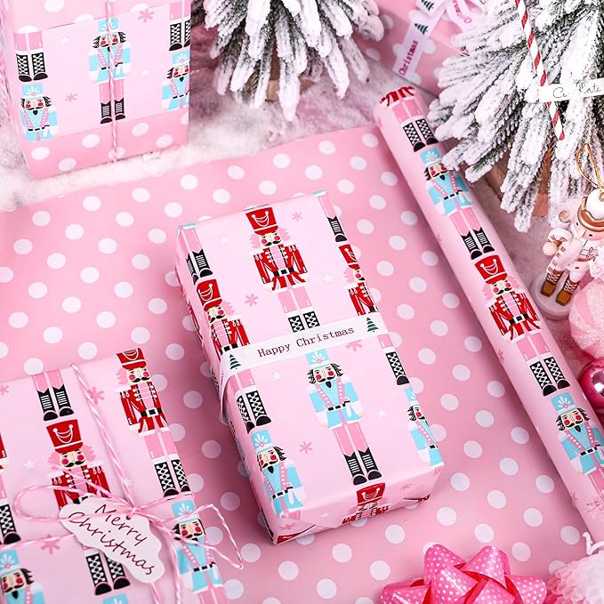 WRAPAHOLIC Reversible Christmas Wrapping Paper - Mini Roll - 17 Inch x 33 Feet - Pink Nutcracker Wrapping Paper and Polke Dot Design for Christmas, Holiday, Party Celebration