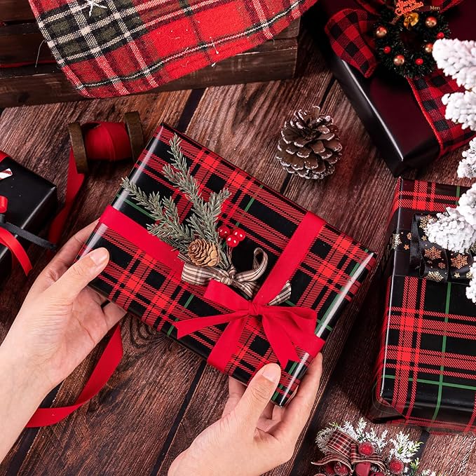 WRAPAHOLIC 30 Inch Jumbo Reversible Plaid Wrapping Paper - 30 Inch x 100 Feet Jumbo Roll Red and Black Plaid Christmas Wrapping Paper for Christmas, Birthday, Baby Shower, Holiday