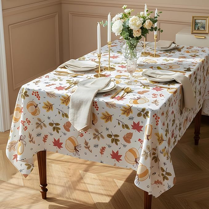 Thanksgiving Waterproof Tablecloth – Fall Harvest Pumpkins, Maple Leaves & Berries Print – Autumn Rectangle Table Cover for Dining or Party, White, W60 x L84 in