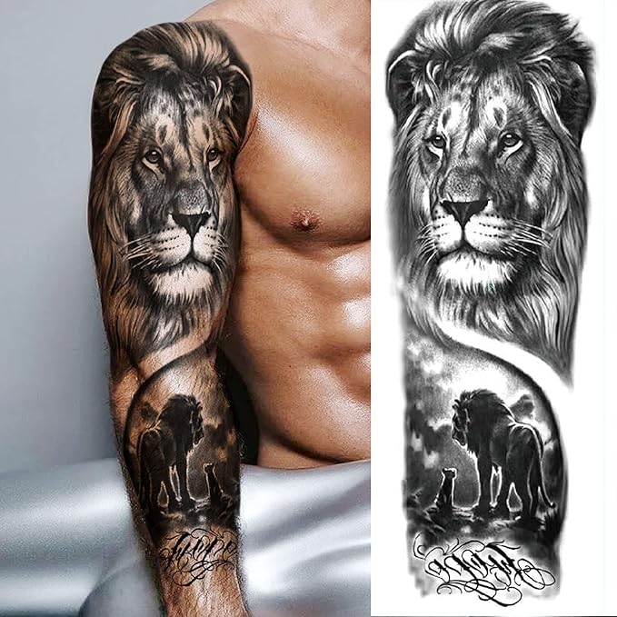 20 Sheets Cool Wolf Lion Tiger Full Arm Temporary Tattoos For Men Adults Thigh, Skull Nun Maori Flower Fake Sleeve Tattoo For Women, 3D Bulk Black Tribal Eye Halloween Clock Christ Tattoo Stickers