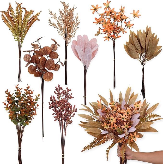 YXZZWL Artificial Greenery Stems Box Set for Fall Decorations，70 Pcs with 8 Kinds of Faux Eucalyptus Branches for Autumn Wedding DIY Bouquets Floral Arrangement Table Centerpieces (Brown & Orange)