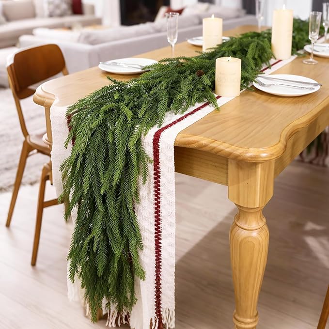 Christmas Norfolk Pine Garlands - 6ft Artificial Garland Faux Green Fake Pine Needles Garland for Fireplace,Table,Window,Stairs,Mante,Holiday Indoor Outdoor Xmas Decor(2PCS)