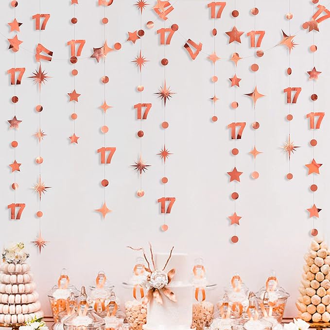 Rose Gold 17th Birthday Decorations Number 17 Circle Dot Star Garland Streamer Bunting Banner Backdrop for Girls Seventeen Year Old Birthday 17 and Fabulous Happy 17th Anniversary Party Supplies