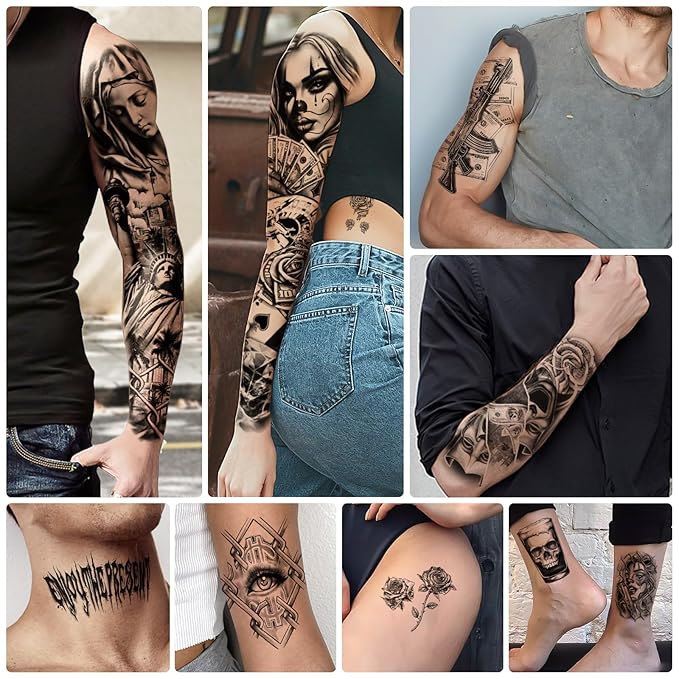 46 Large Chicano Temporary Tattoo for Men Women, Full Arm Day of the Dead Gangster Prisoner Fake Tattoos Mexico Cholas Lowriders Clown Tattoos, Tiny Cosplay Body Tattoos Stickers Realistic Adult Kid