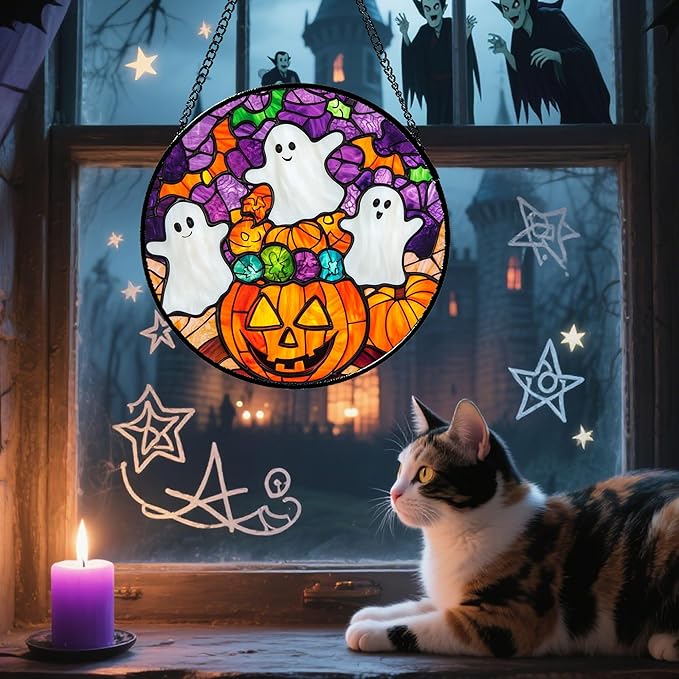 Stained Glass Window Hanging Halloween Horror Pumpkin White Ghost 9.8" - Suncatcher Door Garden Sunroom Gothic Style Sun Catcher Birthday for Friend Mom Men Woman Nana