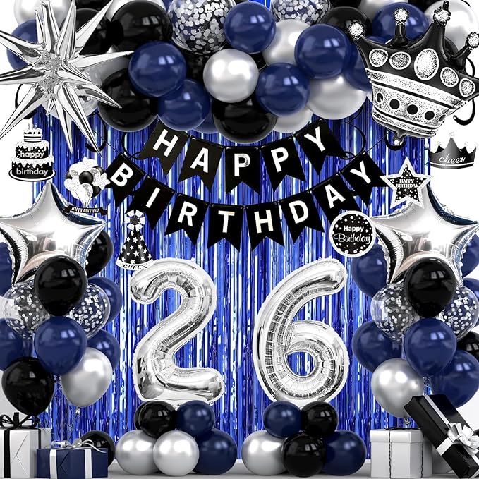 26th Birthday Decorations for Men and Women, Black Blue Silver Happy Birthday Number 26 Balloons, Banner, Fringe Curtains Garland Kit - 26 Year Old Party Supplies