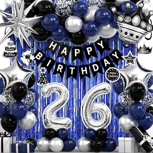 26th Birthday Decorations for Men and Women, Black Blue Silver Happy Birthday Number 26 Balloons, Banner, Fringe Curtains Garland Kit - 26 Year Old Party Supplies
