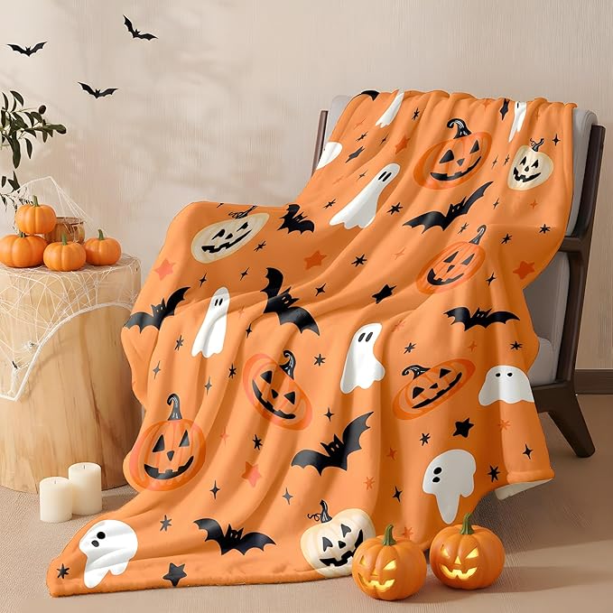 Halloween Flannel Throw Blanket – Ghost, Bat & Pumpkin Pattern – Orange Festive Blanket for Couch or Bed, W50 x L70in