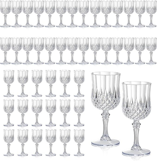 XUWAIDSGN 48 Pcs 7oz Plastic Vintage Wine Glasses Drinking Glasses Unbreakable Wedding Glassware Crystal Water Goblets Reusable Drinkware Vintage Champagne Flutes (48, Clear)