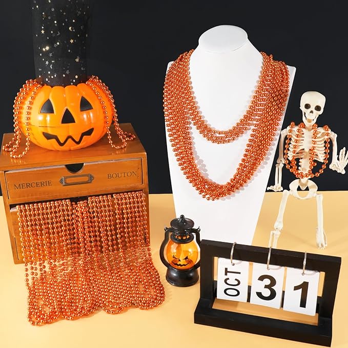 SHAOQINLIN 24 PCS Orange Bead Necklaces, Orange Mardi Gras Beads, Halloween Necklaces, 33‘’ Party Beads Necklace Round Beaded Necklace for Mardi Gras, Christmas, Halloween