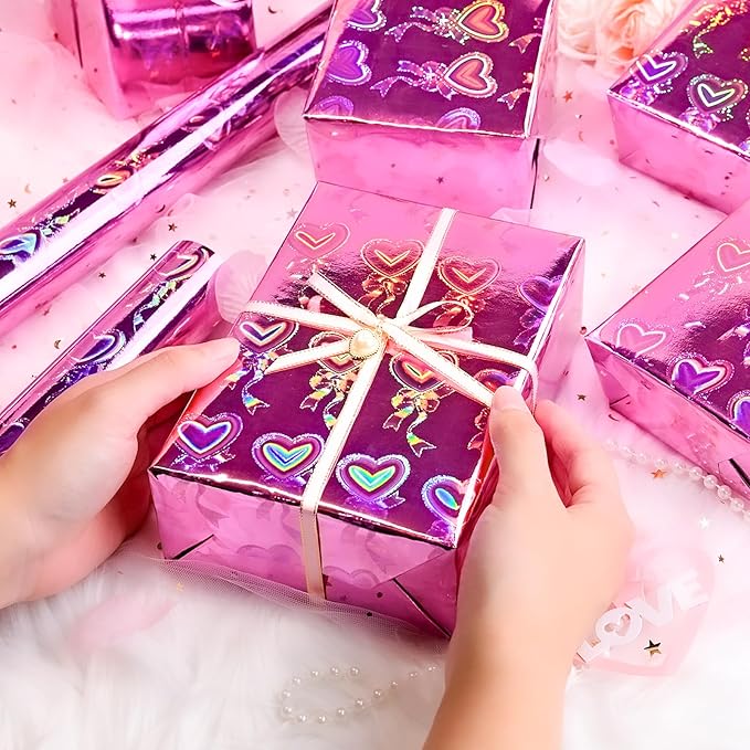 Yarcony Pink Heart Wrapping Paper, Mini Roll, Holographic Hearts Gift Wrap, Love Iridescent Hearts Wrapping Paper for Valentine's Day, Girl Birthday Party, Anniversary,Wedding (17 Inch X 33 Feet)