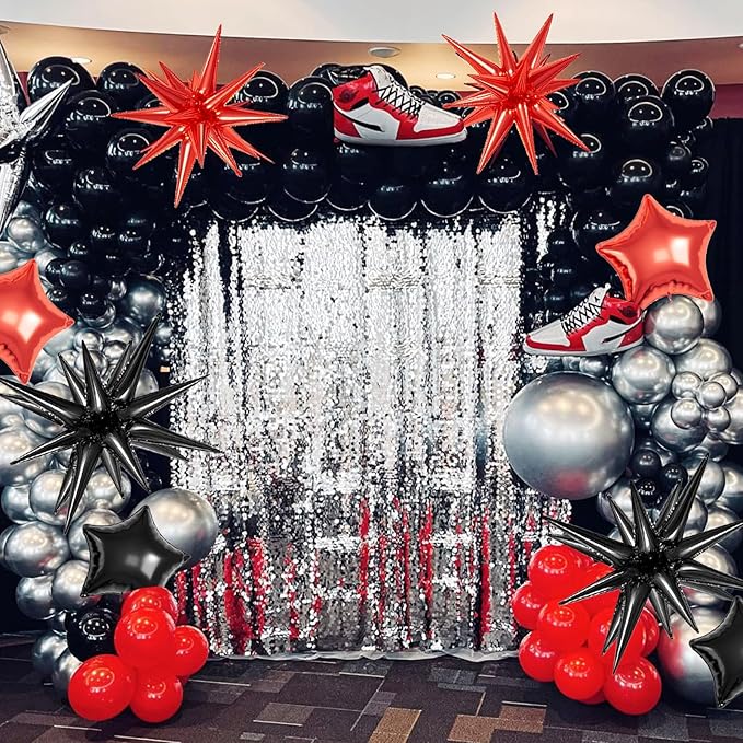 22 Pcs Star Balloons,22/18/10 Inch Star Foil Mylar Balloon,Spike Balloons and Four Pointed Balloon for Party Supplies Christmas Birthday Wedding Photo Booth (Black Red)