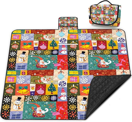 Poedist Extra Large Picnic Blanket Waterproof,80"x 80"Foldable Machine Washable Beach Blanket,Outdoor Blanket for 6-8 Adults,Suitable for Crawling,Park Beach,Camping,Hiking,Family, Christmas