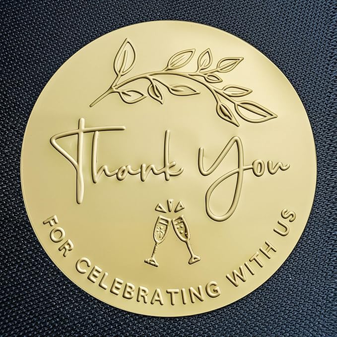 100 x Embossed Wedding Stickers Thank You for Celebrating with Us Favor Tags Party Favor Labels Gold Foil Embossed Round Sticker Tags Metallic Foil Wedding Decor 1.6 inch